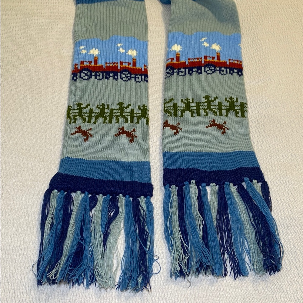 Vintage Collage Knit Scarf Blue Gray Train Cowboy Railroad Whimsical Twee - Picture 2 of 7
